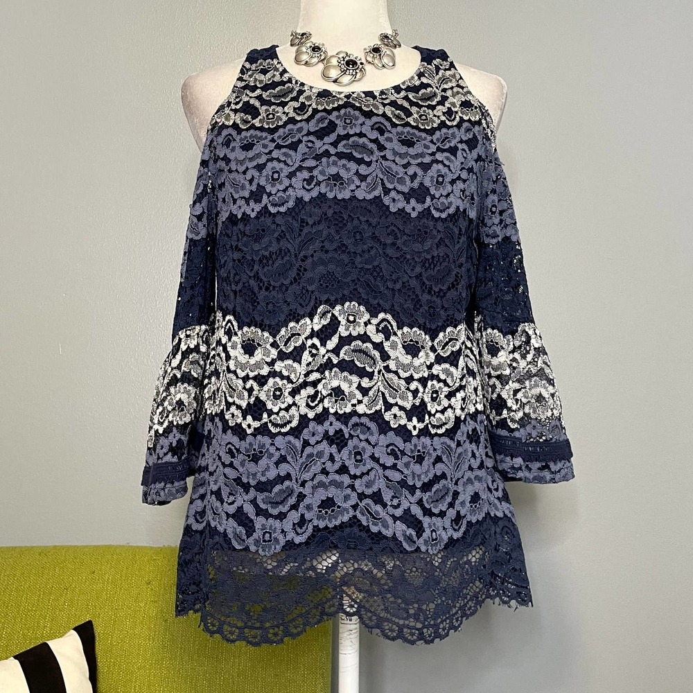 Lucky Brand Blue Striped Lace Overlay Cold Shoulder Boho Top